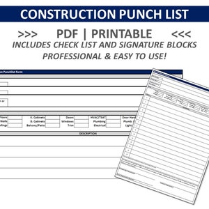 CONSTRUCTION PUNCH LIST  | Punchlist | Construction Completion Check List | Real Estate Agent Checklist | Finish Punch Form