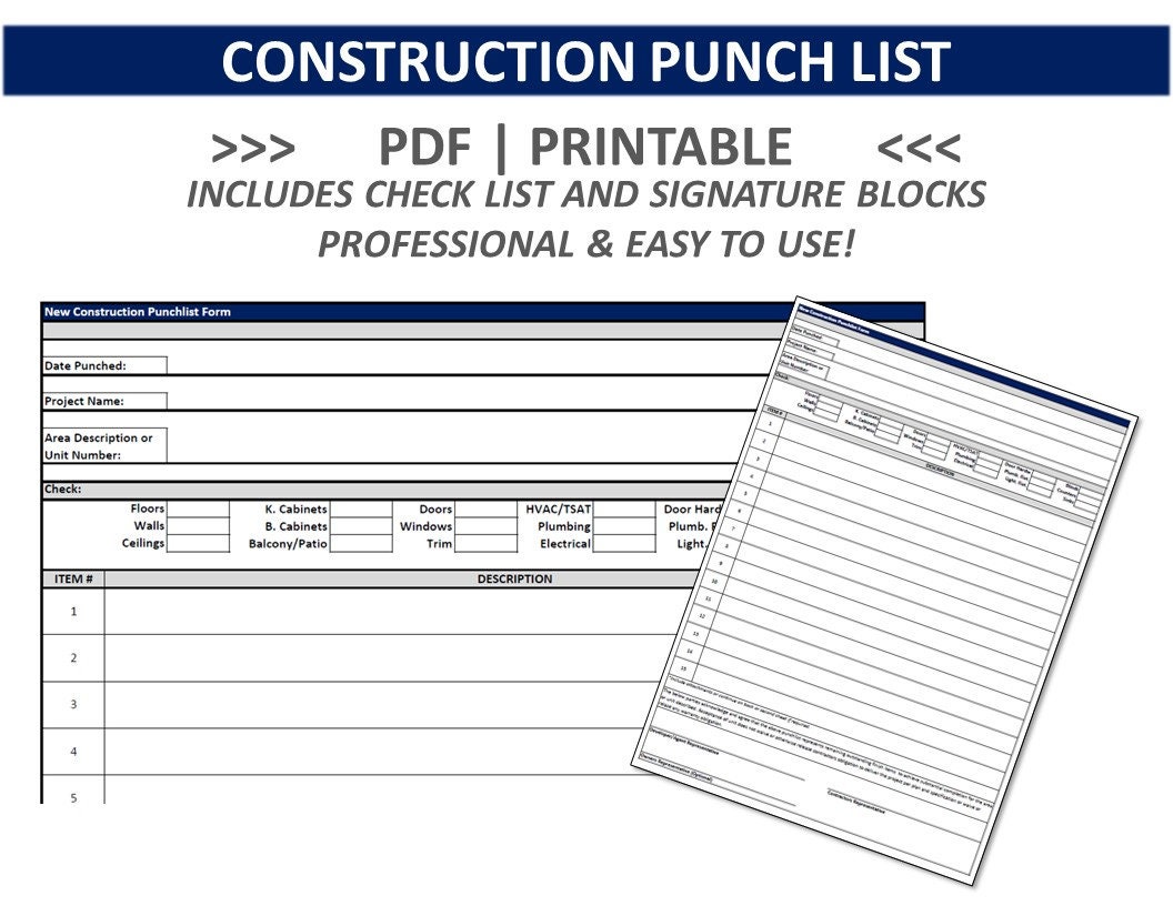 CONSTRUCTION PUNCH LIST Punchlist Construction Completion Etsy