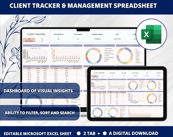 Peut inclure: Un modèle de feuille de calcul numérique pour le suivi et la gestion des clients. La feuille de calcul comporte deux onglets, l'un pour le suivi des clients et l'autre pour un tableau de bord d'analyses visuelles. Le modèle est modifiable dans Microsoft Excel et comprend des graphiques et des diagrammes pour la visualisation des données. Le modèle est un téléchargement numérique.