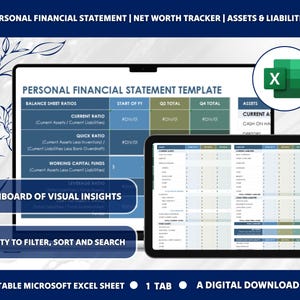 May include: A digital download of a personal financial statement template in an Excel spreadsheet. The template includes sections for balance sheet ratios, working capital funds, and a dashboard of visual insights. The template is editable and includes a tab for assets and liabilities.