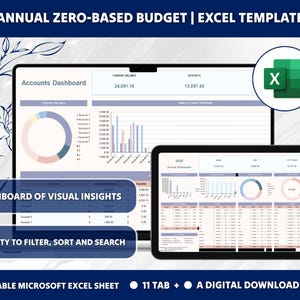 May include: A digital download of an Excel spreadsheet template for an annual zero-based budget. The template includes a dashboard with charts and graphs, as well as a table for tracking income and expenses. The template is designed to help users create a budget that is based on their actual needs and spending habits.