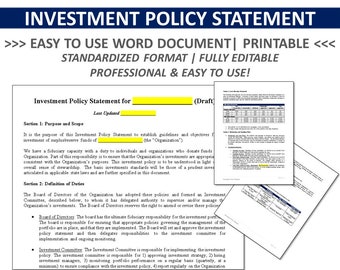 INVESTMENT POLICY STATEMENT  | Ips | Investment Committee | Board of Directors | Church | Nonprofit | Organization Policy | Management