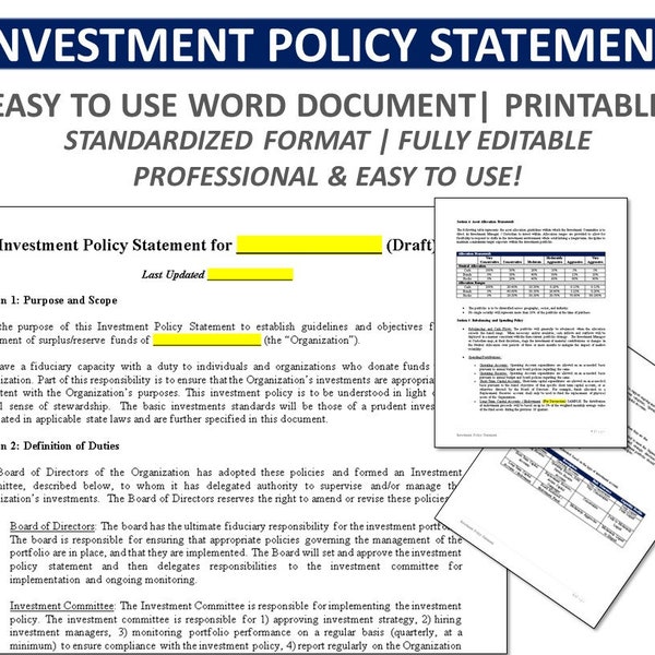 INVESTMENT POLICY STATEMENT  | Ips | Investment Committee | Board of Directors | Church | Nonprofit | Organization Policy | Management