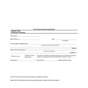 Pode incluir: Um documento legal intitulado "Warranty Deed" com espaços para preencher informações como o número eCRV, o imposto predial devido, a data, o outorgante, o beneficiário e a descrição legal da propriedade.