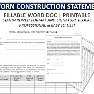 SWORN CONSTRUCTION STATEMENT | Owner | Contractor | Construction Contract | Loan Draw Statement | Notarized