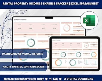 May include: A digital download of an Excel spreadsheet for tracking rental property income and expenses. The spreadsheet includes a dashboard with visual insights, charts, and graphs. The spreadsheet is editable and has 11 tabs.