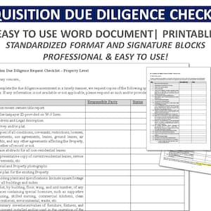 May include: A black and white checklist for an acquisition due diligence request. The checklist is divided into three columns: Item, Responsible Party, and Status. The checklist includes items such as most recent owners title report, seller taxpayer ID, address and legal description, survey and/or plat, copies of all conditions, covenants, restrictions, licenses, easements, use agreements, leases, ground leases, air rights, and any other agreements affecting the Property, whether of record or not, lease abstracts for all non-residential leases, representative copy of current residential leases, service agreements, etc., aerial and property photographs, site plan for the existing Property, building plans and specifications, a list, by building, floor, wing, and unit number, of any spaces containing special licensure, such as supportive housing, skilled nursing, commercial kitchens, clean laboratories, environmental, waste, etc., and summary inventories/values of furniture, fixtures, and equipment installed and used in the operation of the Property.