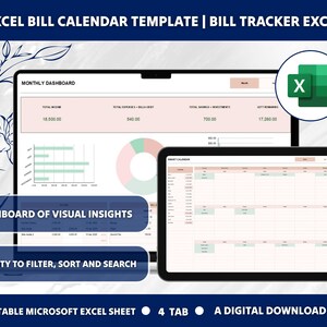 Modelo de calendário de contas do Excel | Rastreador de contas do Excel | Planejador de contas mensais | Organizador de pagamentos de contas | Planilha de contas do Excel | Lembrete de contas