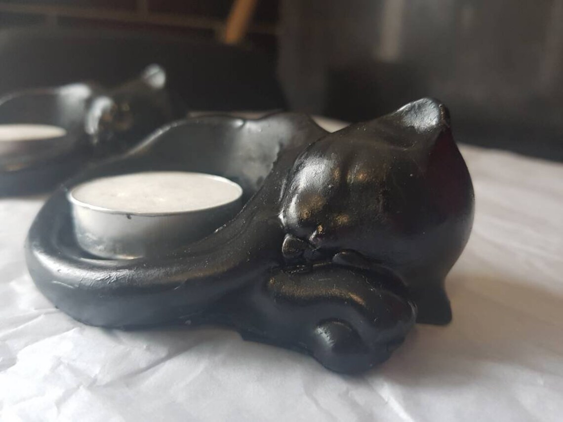 Cute pair of black cat tea light holders hand cast and hand Etsy