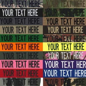 May include: A grid of fabric patches in various colors and camouflage patterns. Each patch has the embroidered text "YOUR TEXT HERE" in black. Colors include green, orange, pink, and blue.