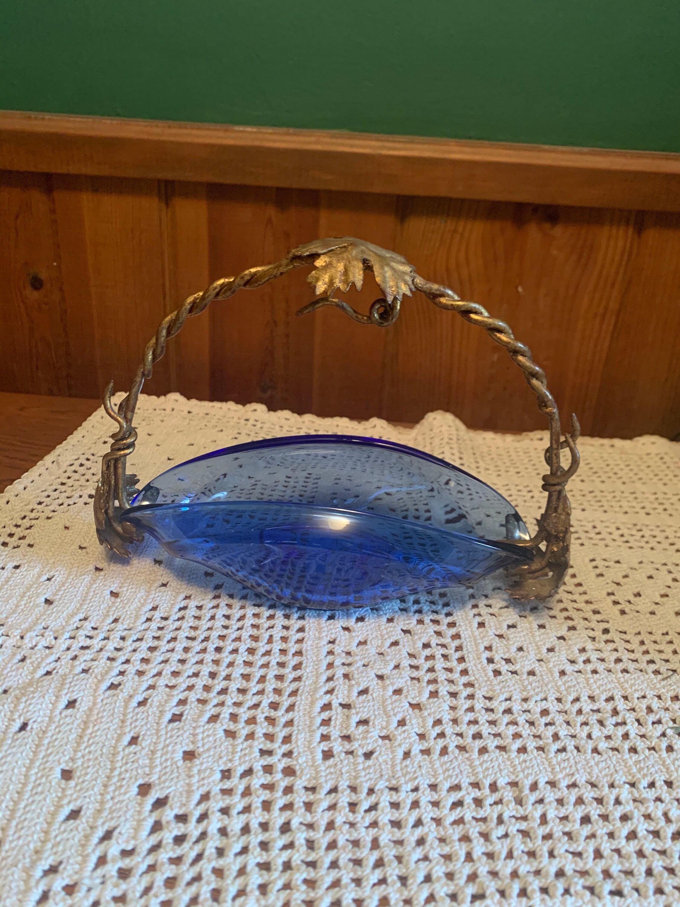 Vintage Cobalt Blue Candy Dish With Gold Leaf/wife Handle Etsy