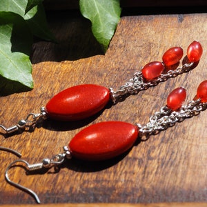 Orange acrylic beads earrings, chain and small round glass beads - Harmonie d&#39;orange