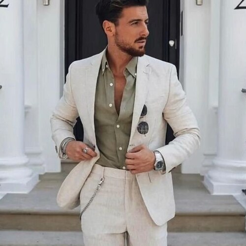 Men Linen Suits Beige 2 Piece Linen Beach Wedding Suit Groom - Etsy