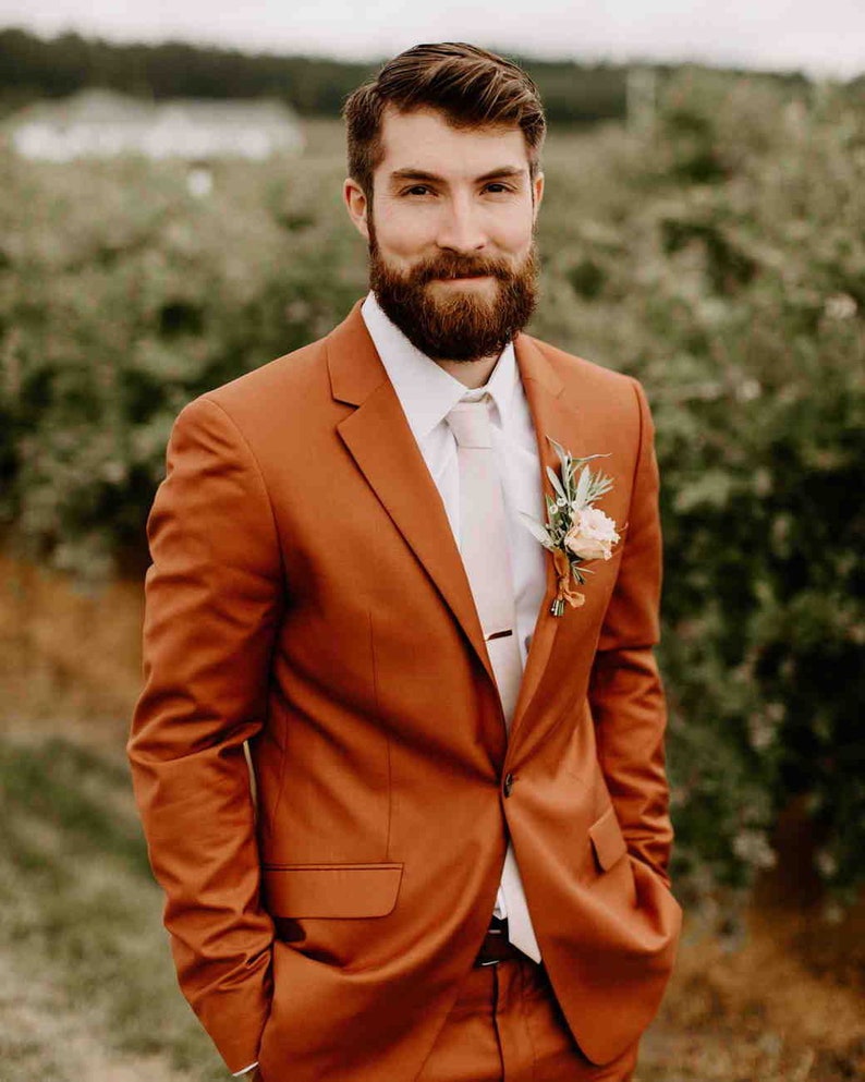 Men rust orange Suit, rustic beach wedding suit,rustic groomsmen