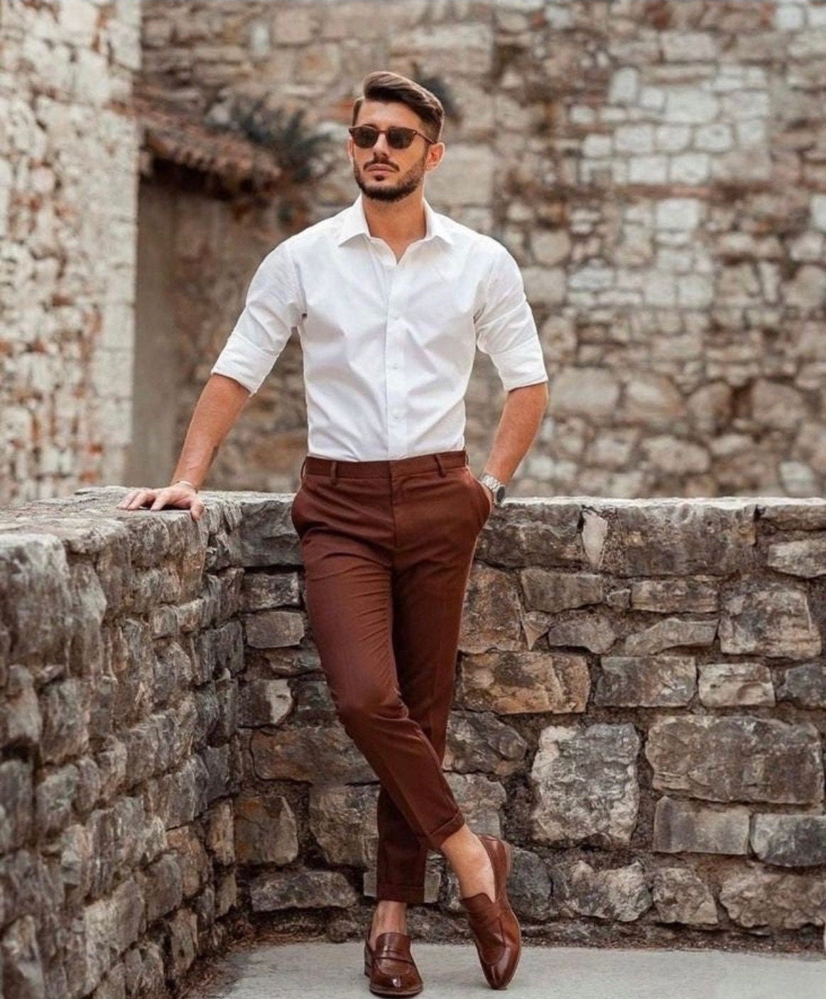 Heren elegant wit overhemd bruine broek voor kantoorkleding - Etsy België