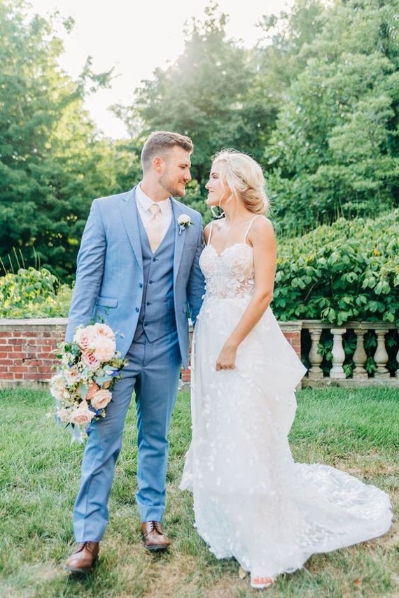 Hombre traje azul claro traje de boda playa novio traje traje - España