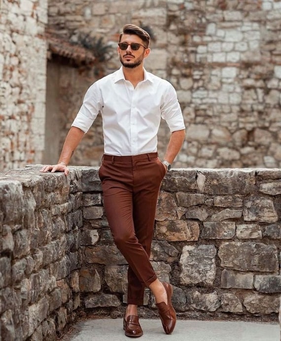 Men Elegant White Shirt Brown Trouser