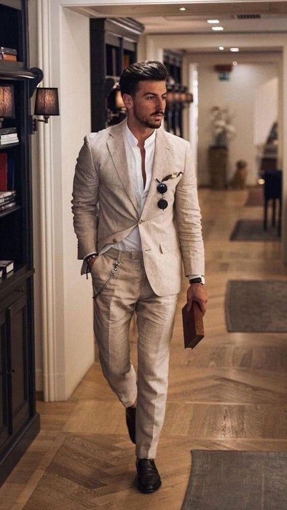 【ョップ】 Men Suits Linen Beach Wedding Suits 3 Piece Prom Tuxedo Groomsmen Attire Li