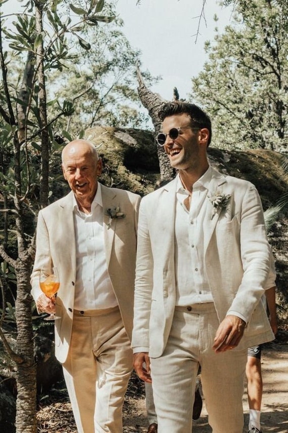 Man beige linnen pak-mannen strand delig Etsy België