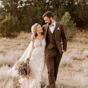 Men Tweed Brown Suit Beach Wedding Suit 