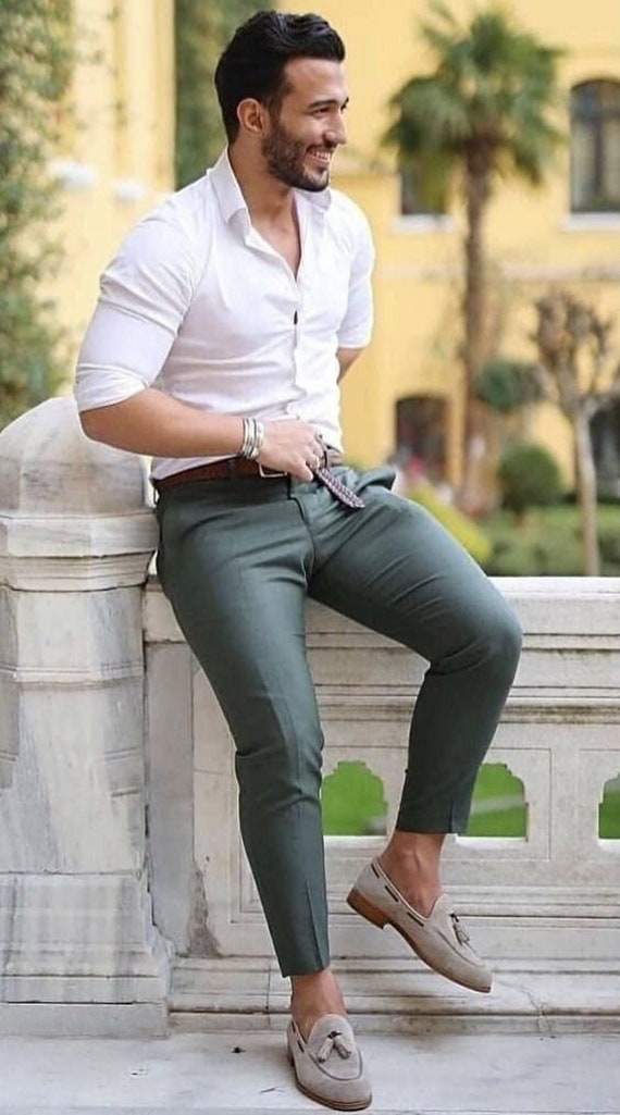 Hombre elegante camisa blanca pantalón verde para Etsy