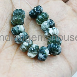 10 Pieces Moss Agate Carved Melon Rondelle Shape Beads- Moss Agate Pumpkin Beads- Hand Carved Melon Beads- AAA Grade Carving Melon Beads