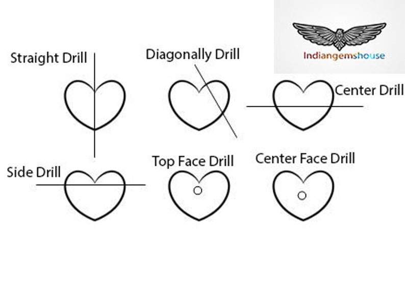 May include: Diagram showing different ways to drill holes in heart-shaped beads.  The options include straight, diagonal, center, side, top face, and center face drilling.