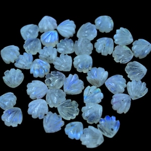 May include: A collection of iridescent white moonstone cabochons carved into a shell shape. The stones are approximately 10mm in size and have a smooth, polished finish.