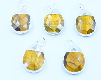 Colgante tallado en forma de pera facetada de ojo de tigre natural, cuentas de piedras preciosas bañadas en plata, colgante conector de dije tallado a mano, para hacer joyas 18 x 13 mm