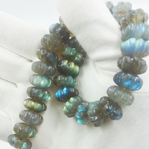 10 Flashy Labradorite Carved Melon Beads: AAA Grade, 16MM