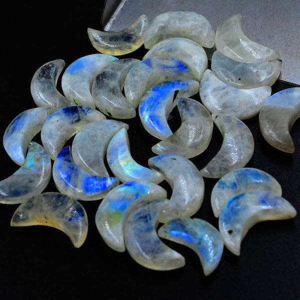 2,3,4,5Pcs Rainbow Moonstone Plain Carved Moon Shape Gemstone, , 16 mm  Approx, Wholesale Rainbow Moonstone Hand Carved Moons Good Blue Fire