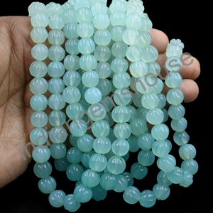 10 Pieces Aqua Chalcedony Carved Melon Rondelle Shape Beads- ChalcedonyPumpkin Beads- Hand Carved Melon Beads- AAA Grade Carving Melon Beads