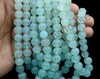 10 Pieces Aqua Chalcedony Carved Melon Rondelle Shape Beads- Chalcedony Pumpkin Beads- Hand Carved Melon Beads- AAA Grade Carving Melon Bead