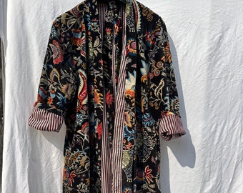 Velvet Long Jacket Kimono Inside Stripe Lining Collard Reversible Bathrobe