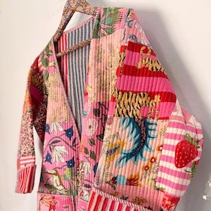 Handgemachte Baumwolle Patchwork Quilted Kimono Robe - Rosa Boho Mantel