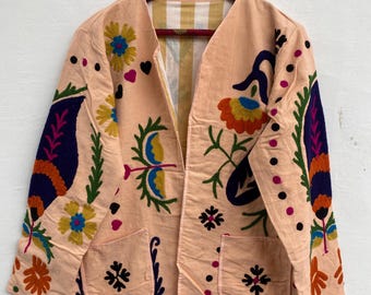 Chaqueta kimono de algodón bordada: abrigo tribal bohemio Suzani