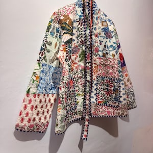 Handmade Cotton Patchwork Kimono Robe, Boho Reversible Quilted Coat White Multi Color
