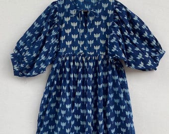 Indigo Lotus Flower Print Cotton Maxi Dress - Women's Flowy Gown