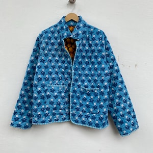 Floral Print Cotton Kimono Jacket - Blue with White Flowers