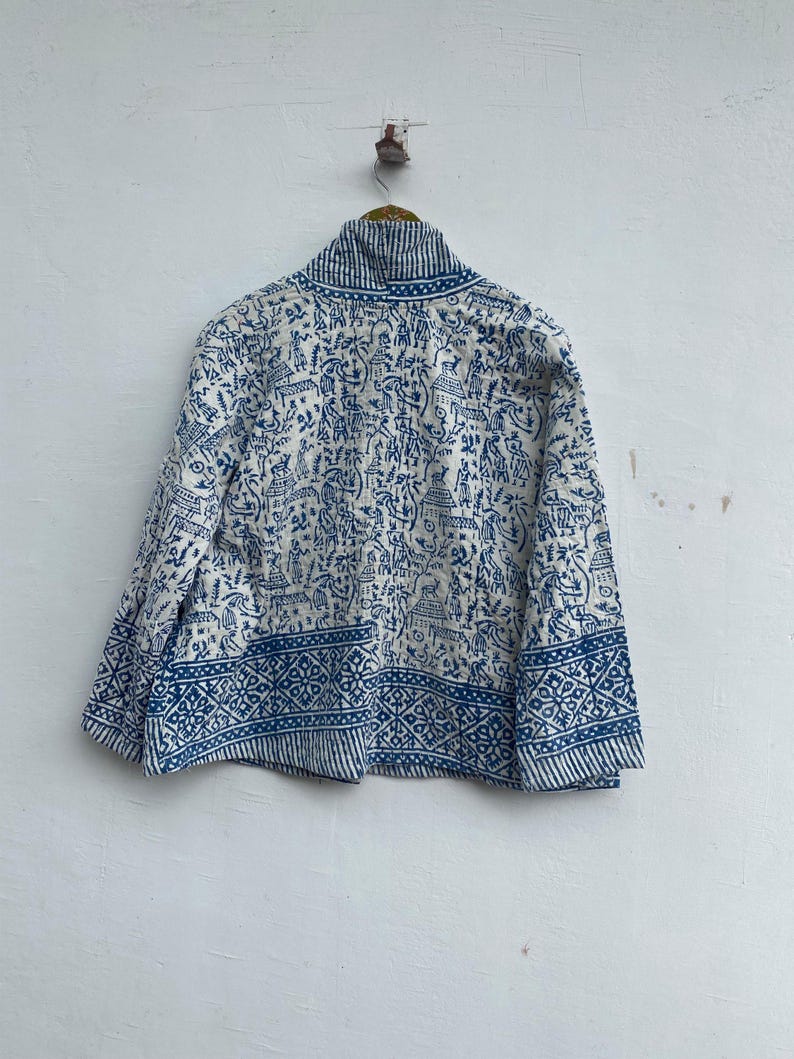 Handgjord bomulls Kantha kort kimonojacka – Boho Boho sommarytterkläder bild 3