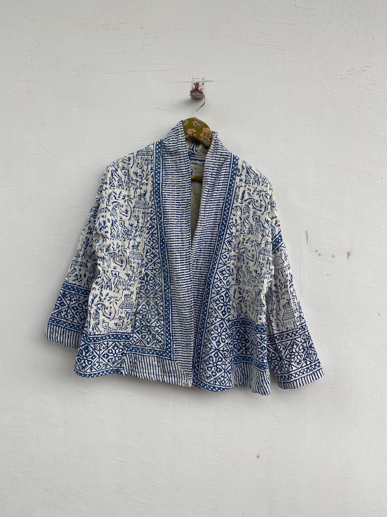 Handgjord bomulls Kantha kort kimonojacka – Boho Boho sommarytterkläder bild 2