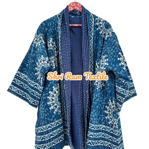 Kantha Quilted Cotton Kimono Jacket: Reversible Indigo Robe