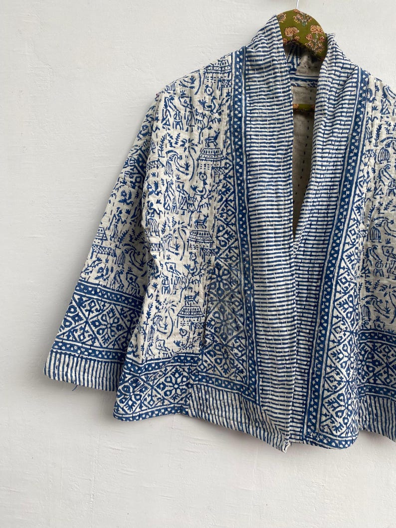 Handgjord bomulls Kantha kort kimonojacka – Boho Boho sommarytterkläder bild 5