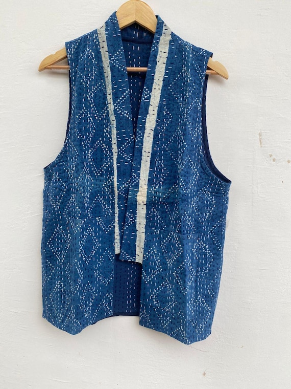 Reversible Indigo Kantha Vest: Bohemian Block Print Cotton Kimono