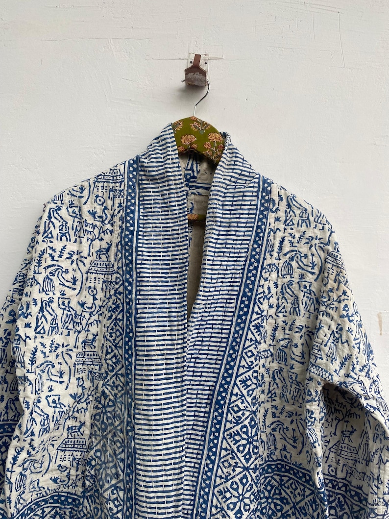 Handgjord bomulls Kantha kort kimonojacka – Boho Boho sommarytterkläder bild 4