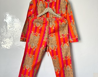 Baumwoll-Nachthemd mit Tigerprint, Damen-Pyjama-Set, orange, Boho-Stil