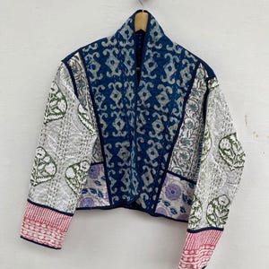 Kantha Quilt Kimono Jacket: Indigo Patchwork, Reversible Indian Handmade