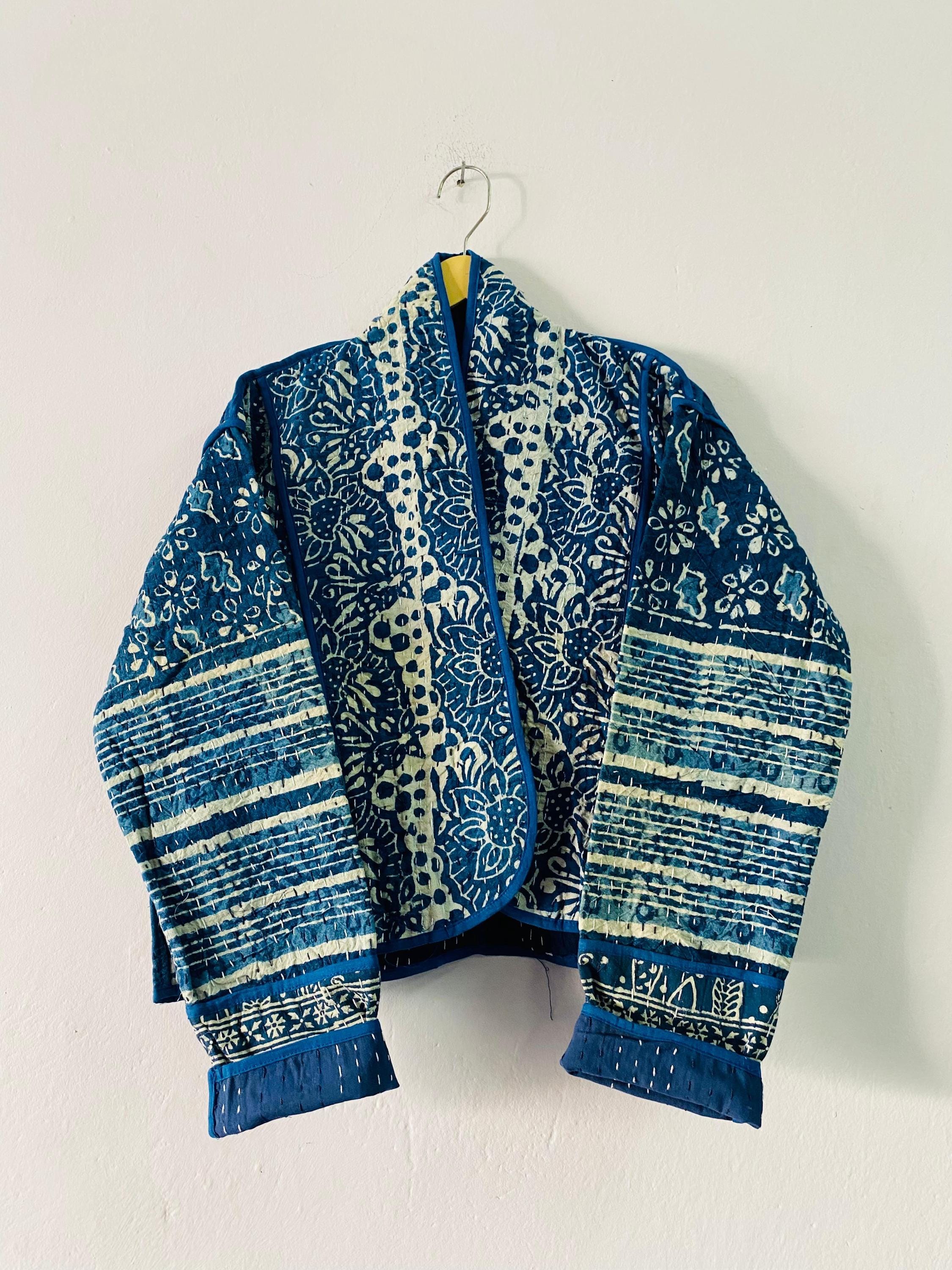 Kantha-jas indigo kimono boho biezen jas voorkant open lichtgewicht jack