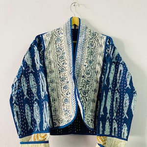 Indigo Cotton Kantha Quilted Kimono Jacket: Patchwork Comfort