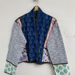 Assorted Kantha Jacket Indigo Kimono Boho Piping Coat front Open Lightweight Jacket green sleeves jacket and white print jacket for women&#39;s